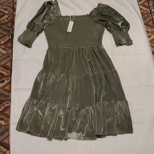 Baltic Born Olive Green Velvet Smocked Tiered Midi Dress